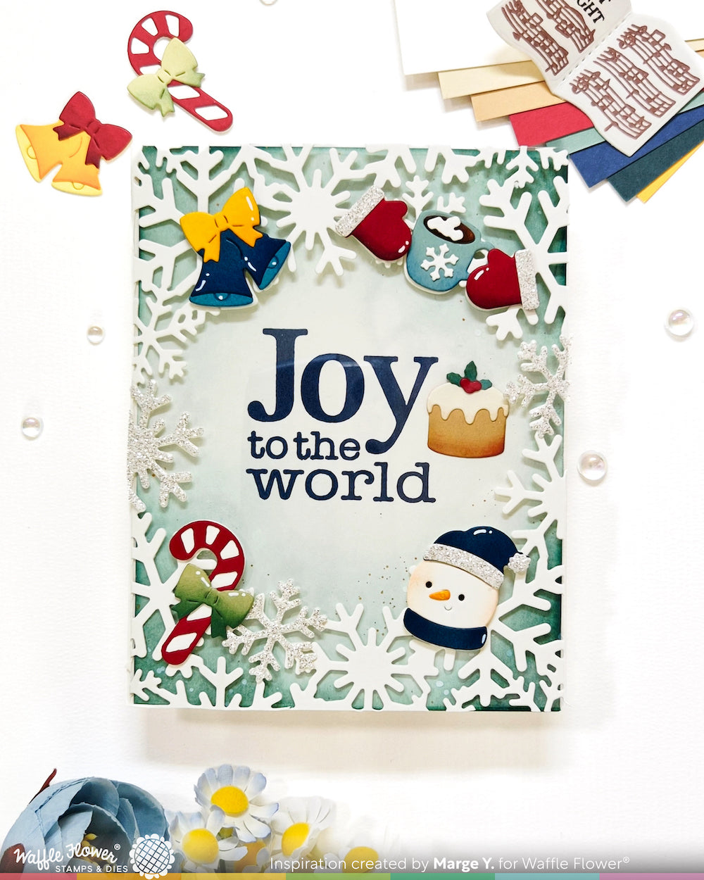 Waffle Flower Joy Sentiments Clear Stamp and Die Set bells candy cane snowman mittens card marge y