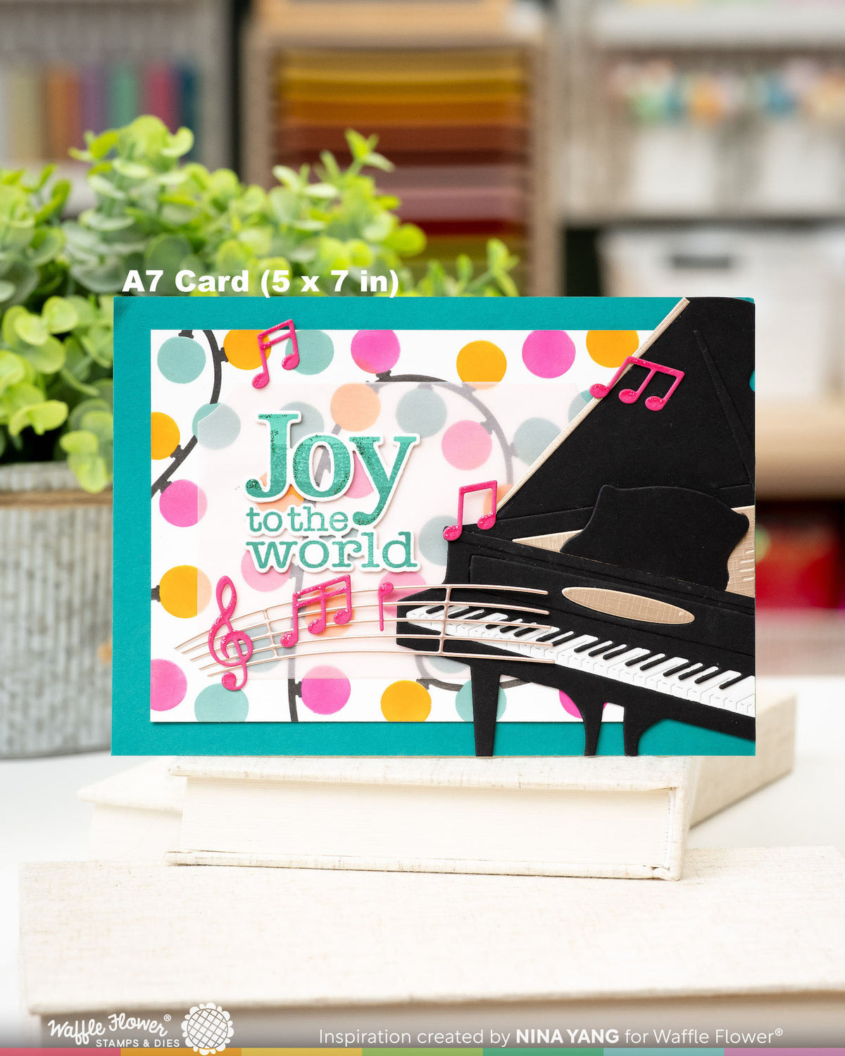 Waffle Flower Joy Sentiments Clear Stamp and Die Set piano string of lights pink music notes card nina yang