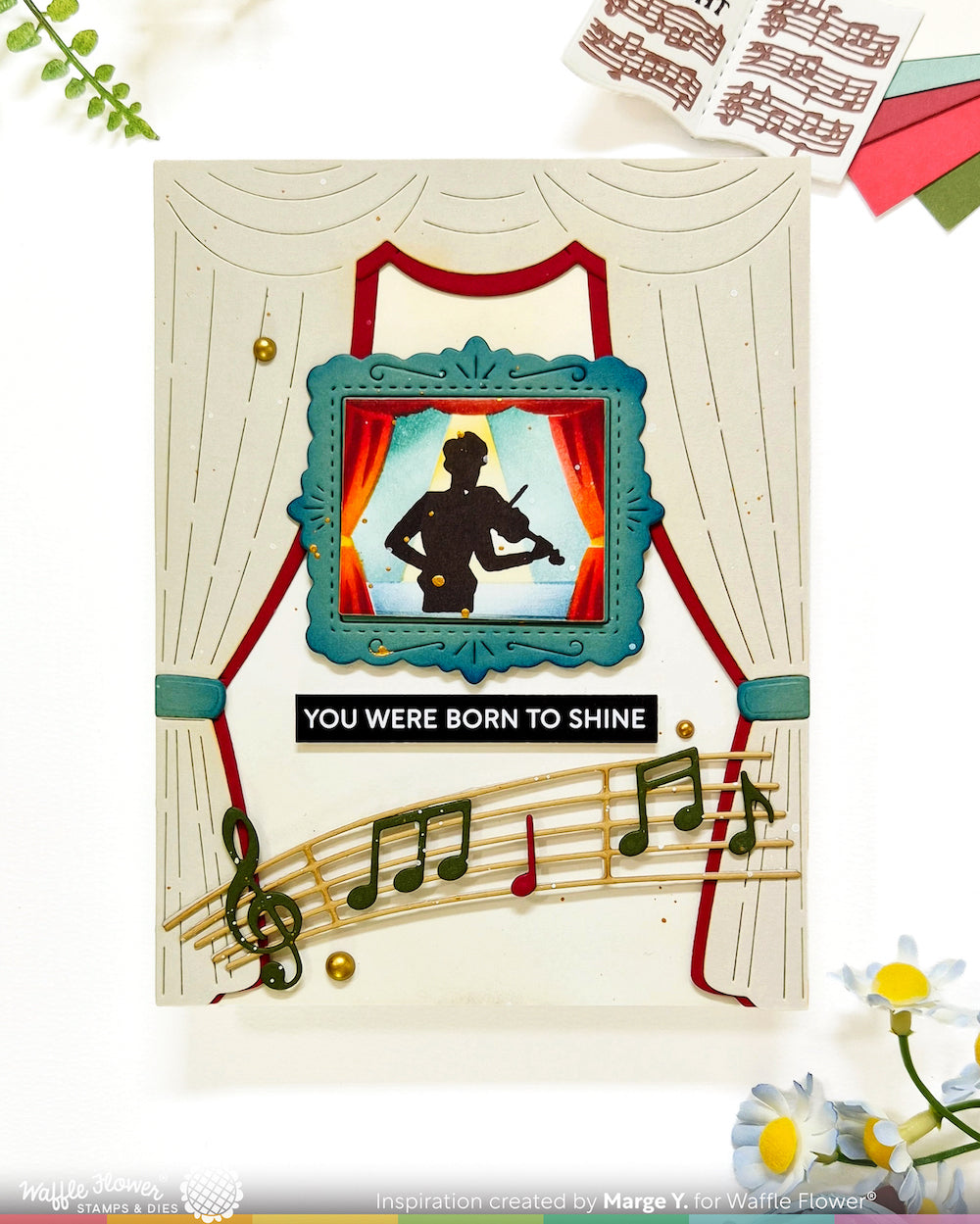 Waffle Flower Joyful Notes Dies 422726 man playing violin white curtains music you were born to shine card marge y