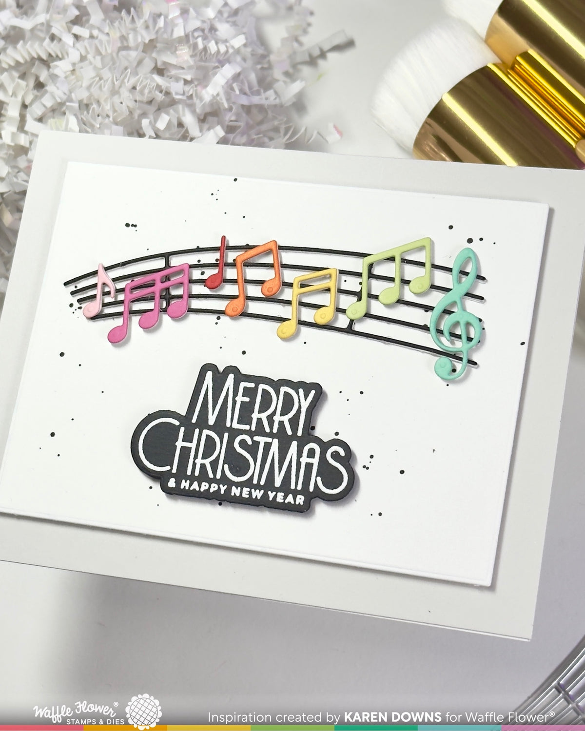 Waffle Flower Joyful Notes Dies 422726 rainbow music notes black spots merry christmas card karen downs