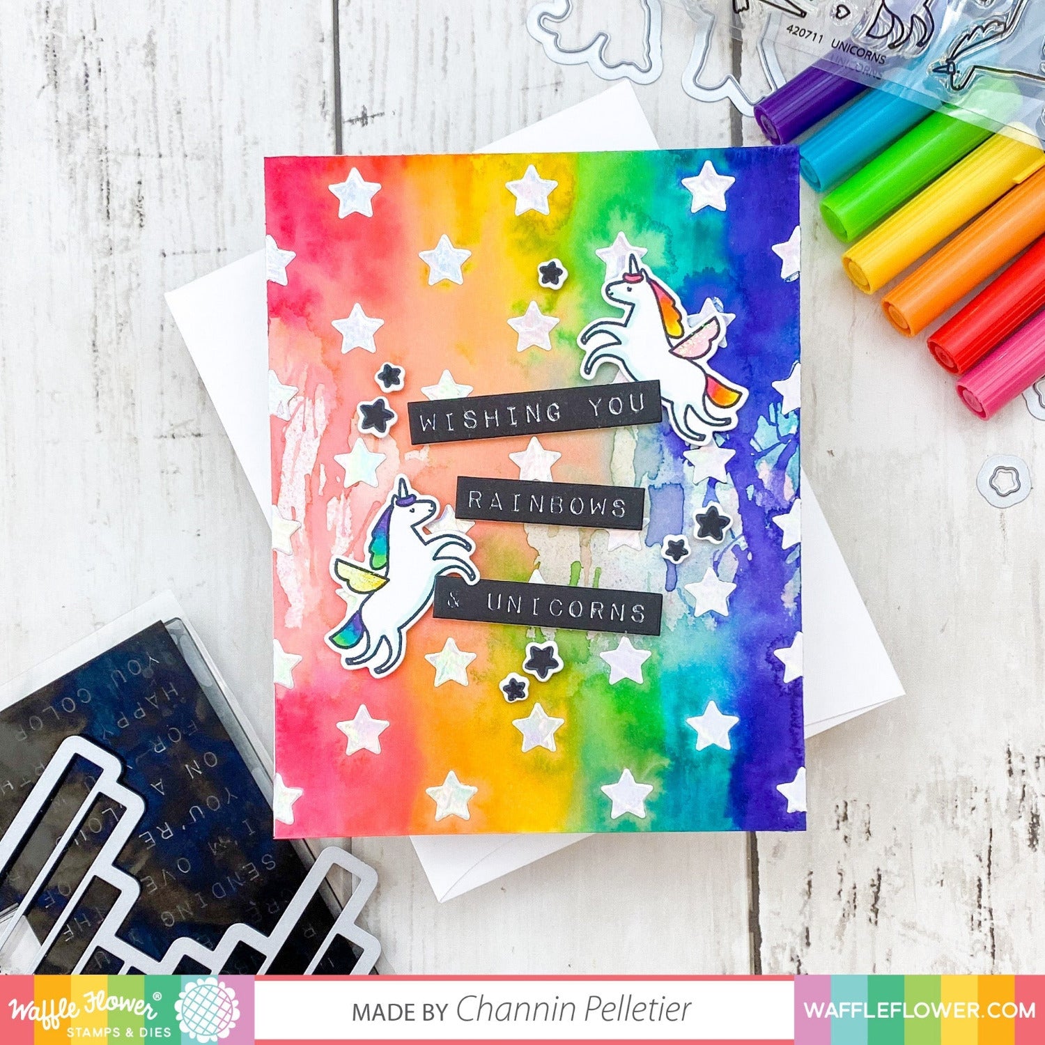 Waffle Flower Label Maker Rainbow Clear Stamp and Die Set unicorn