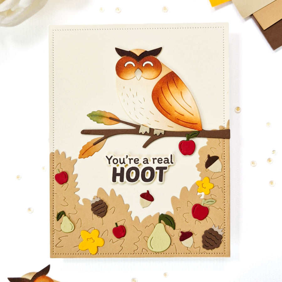 Waffle Flower Leafy Backdrop Die 422249 owl on a branch card