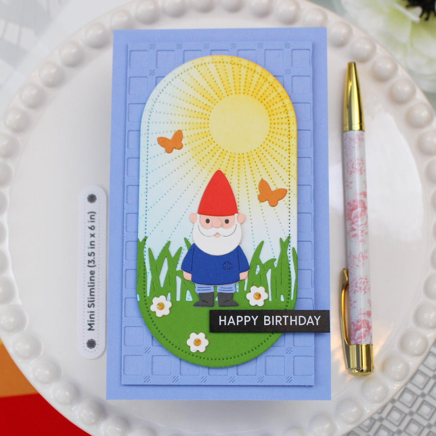 Waffle Flower Mini Slimline Piercing Elongated Ovals Dies 422508 happy birthday gnome card