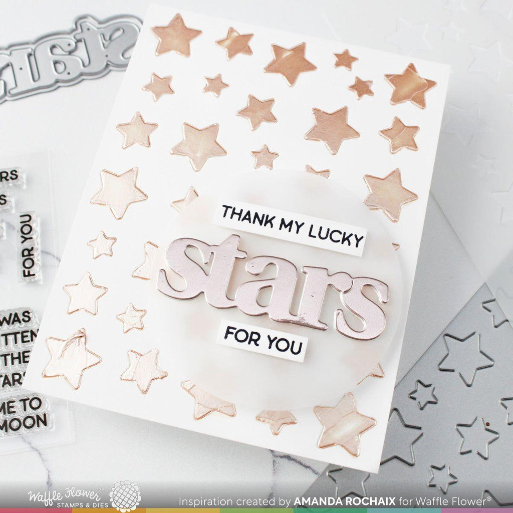 Waffle Flower Moon and Stars Print Dies and Small Sentiments Clear Stamps Set stars