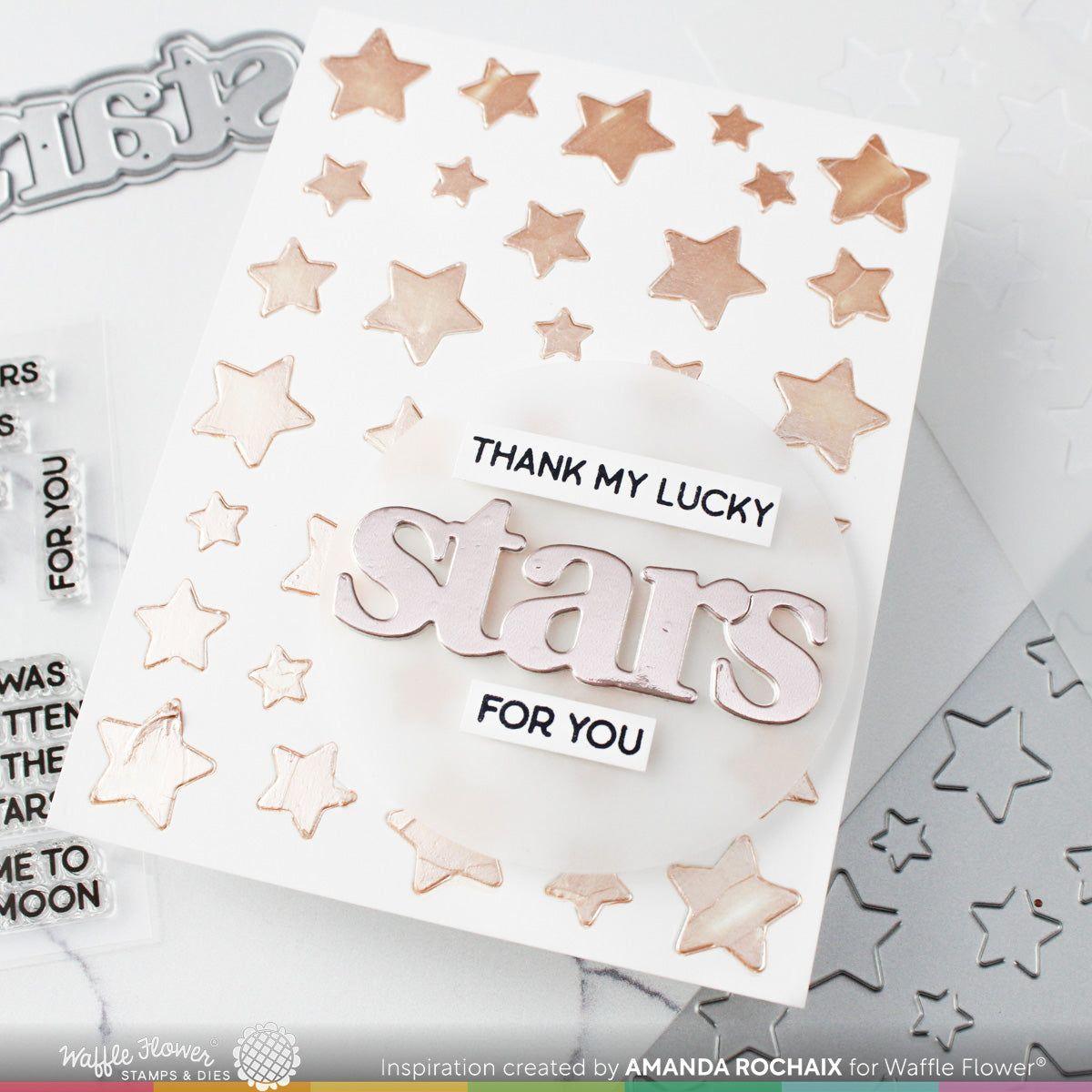 Waffle Flower Moon and Stars Print Dies and Small Sentiments Clear Stamps Set stars