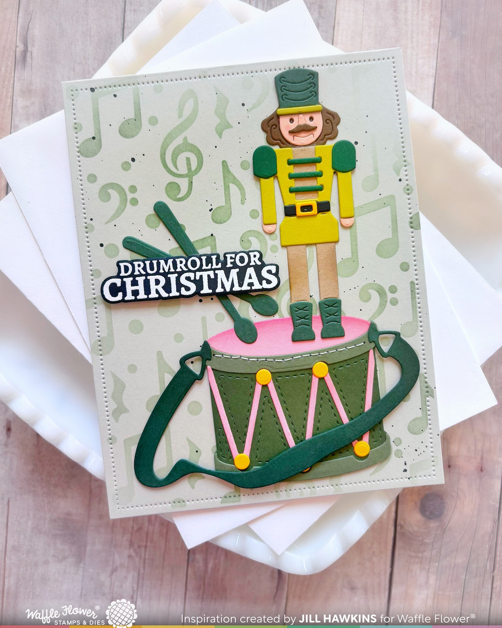 Waffle Flower Musical Notes Background Stencil 422729 green nutcracker pink and green drum christmas card jill hawkins