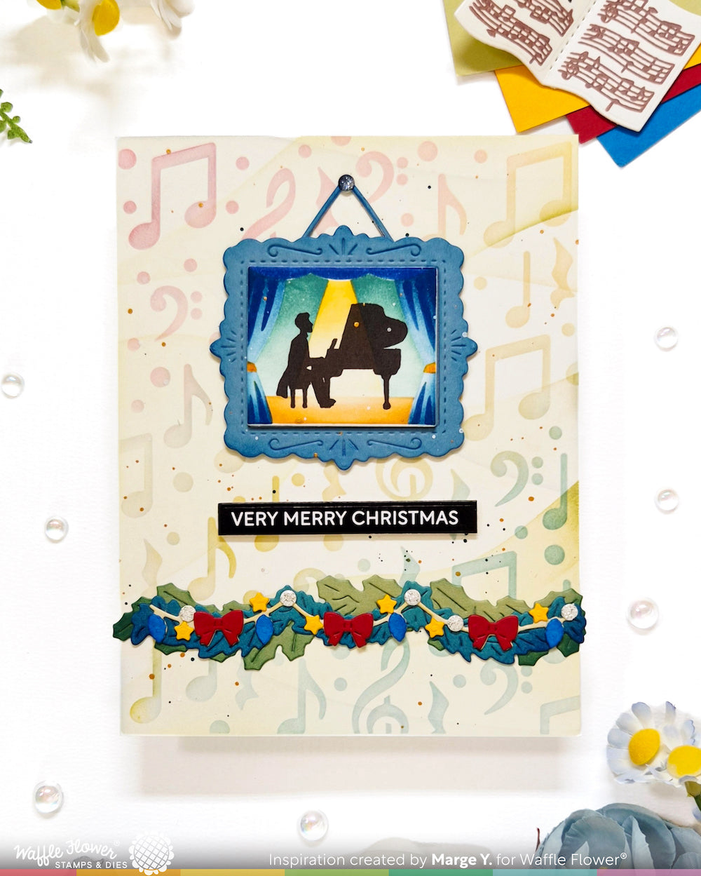 Waffle Flower Musical Notes Background Stencil 422729 man playing piano blue picture frame garland christmas card marge y