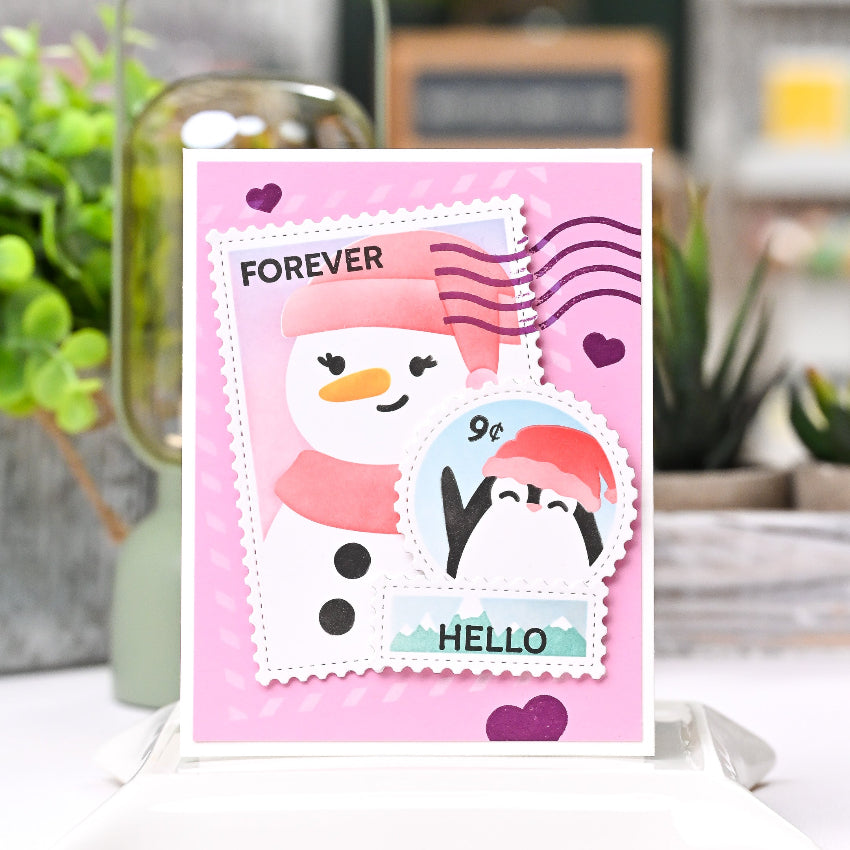 Waffle Flower Nesting Postage Collage Die and Let it Snow Stencil Set hello