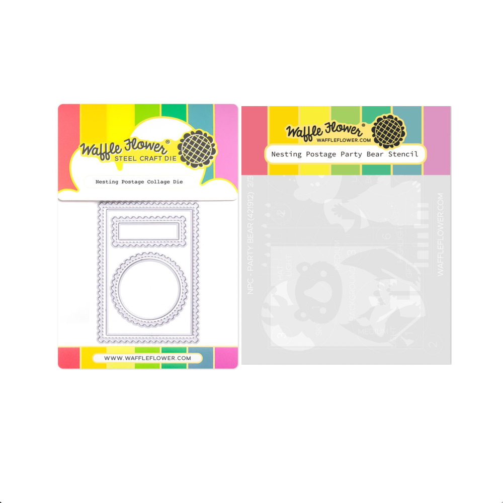 Waffle Flower Nesting Postage Collage Die and Party Bear Stencil Set