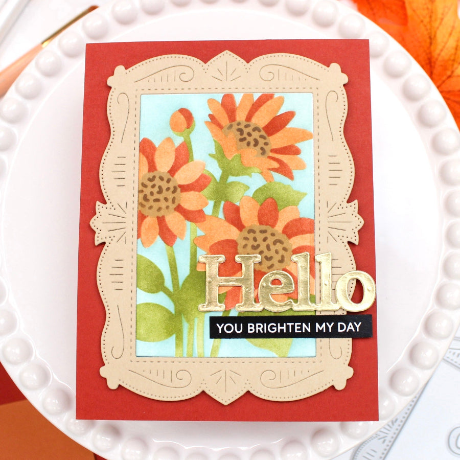 Waffle Flower Nesting Postage Collage Sunflower Stencils 422607 gold hello card