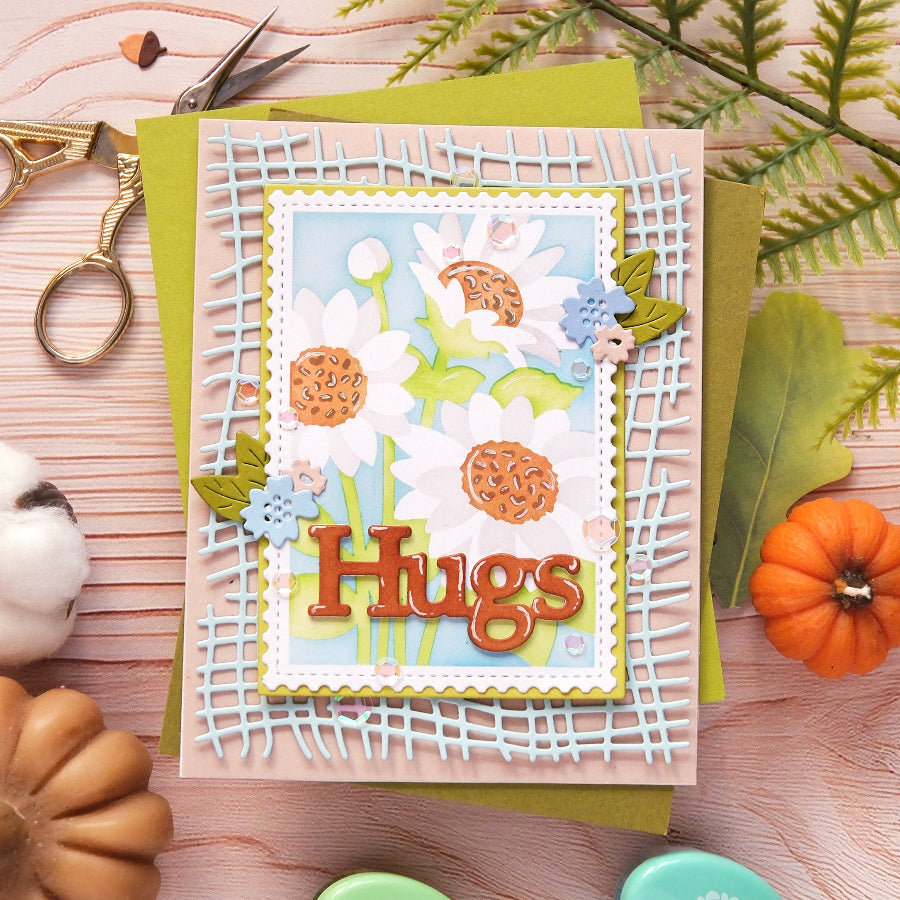 Waffle Flower Nesting Postage Collage Sunflower Stencils 422607 hugs card