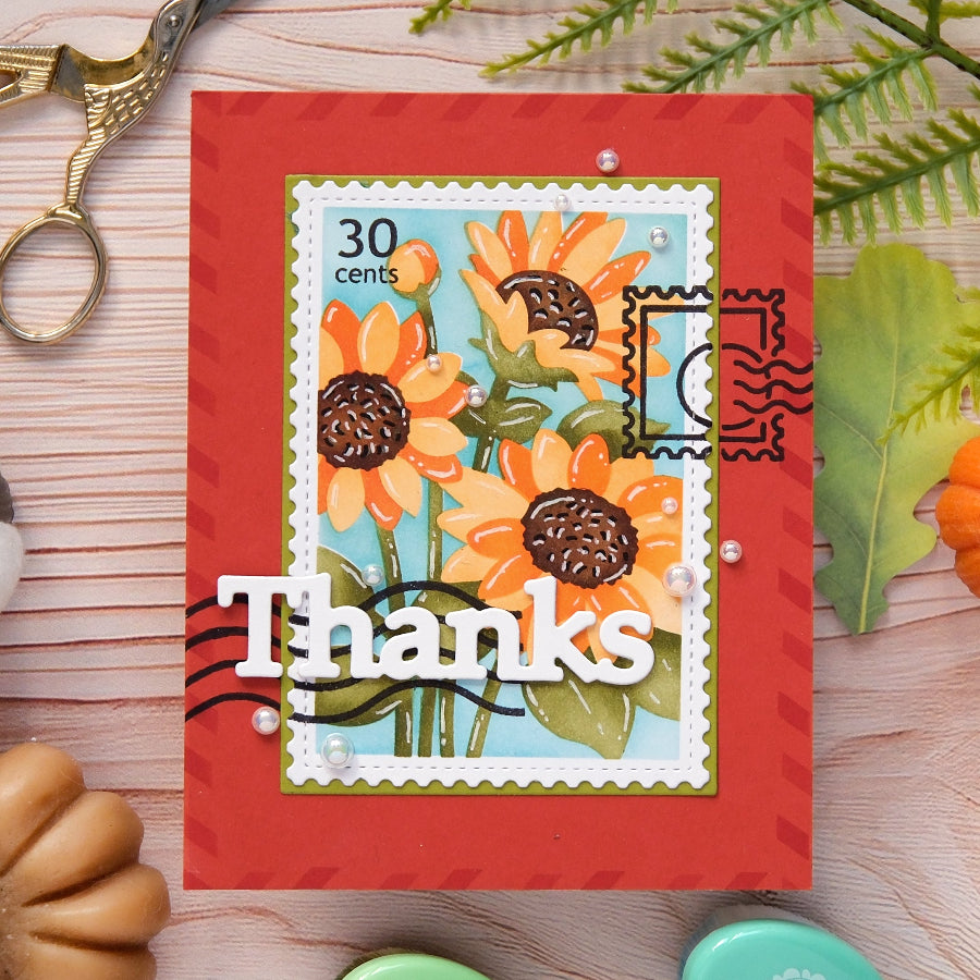 Waffle Flower Nesting Postage Collage Sunflower Stencils 422607 thanks postage stamp card
