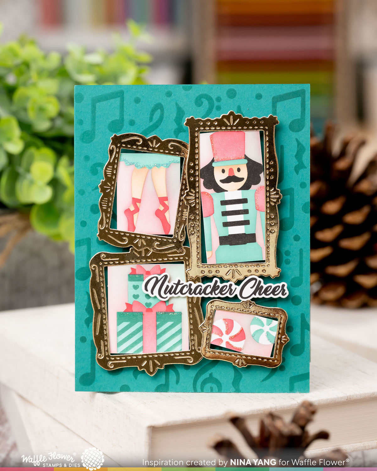 Waffle Flower Nutcracker Sentiments Clear Stamp and Die Set ballerina shoes presents peppermints nutcracker cheer card nina yang