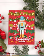 Waffle Flower Nutcracker Sentiments Clear Stamp and Die Set blue nutcracker candy canes garland christmas card galina filippenko