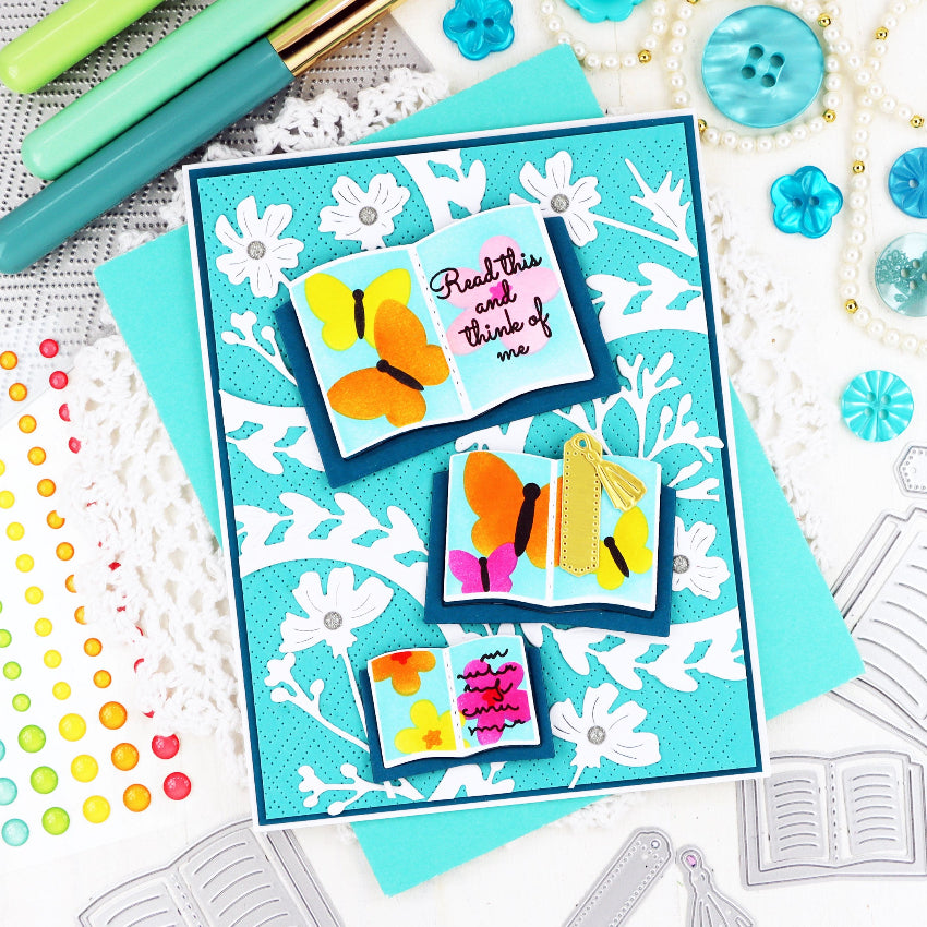 Waffle Flower Open Book Bookmark Die and Coloring Stencil Set butterflies
