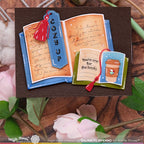 Waffle Flower Open Book Bookmark Die and Sentiments Clear Stamp Set coffee