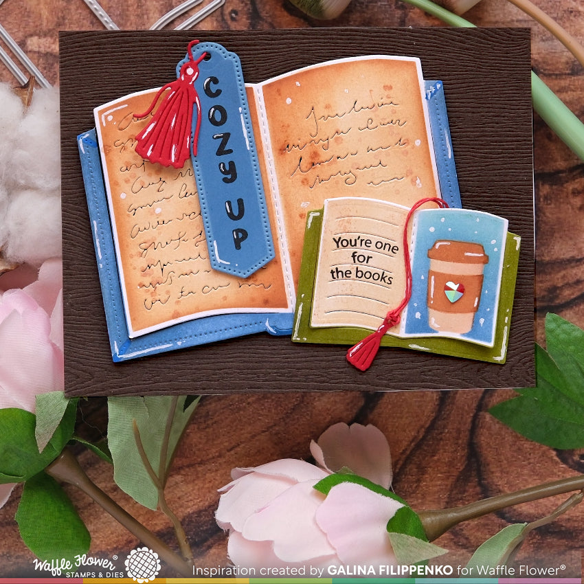 Waffle Flower Open Book Bookmark Die and Sentiments Clear Stamp Set coffee