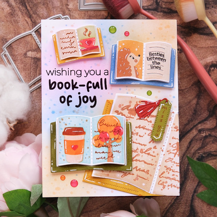 Waffle Flower Open Book Bookmark Die and Sentiments Clear Stamp Set joy