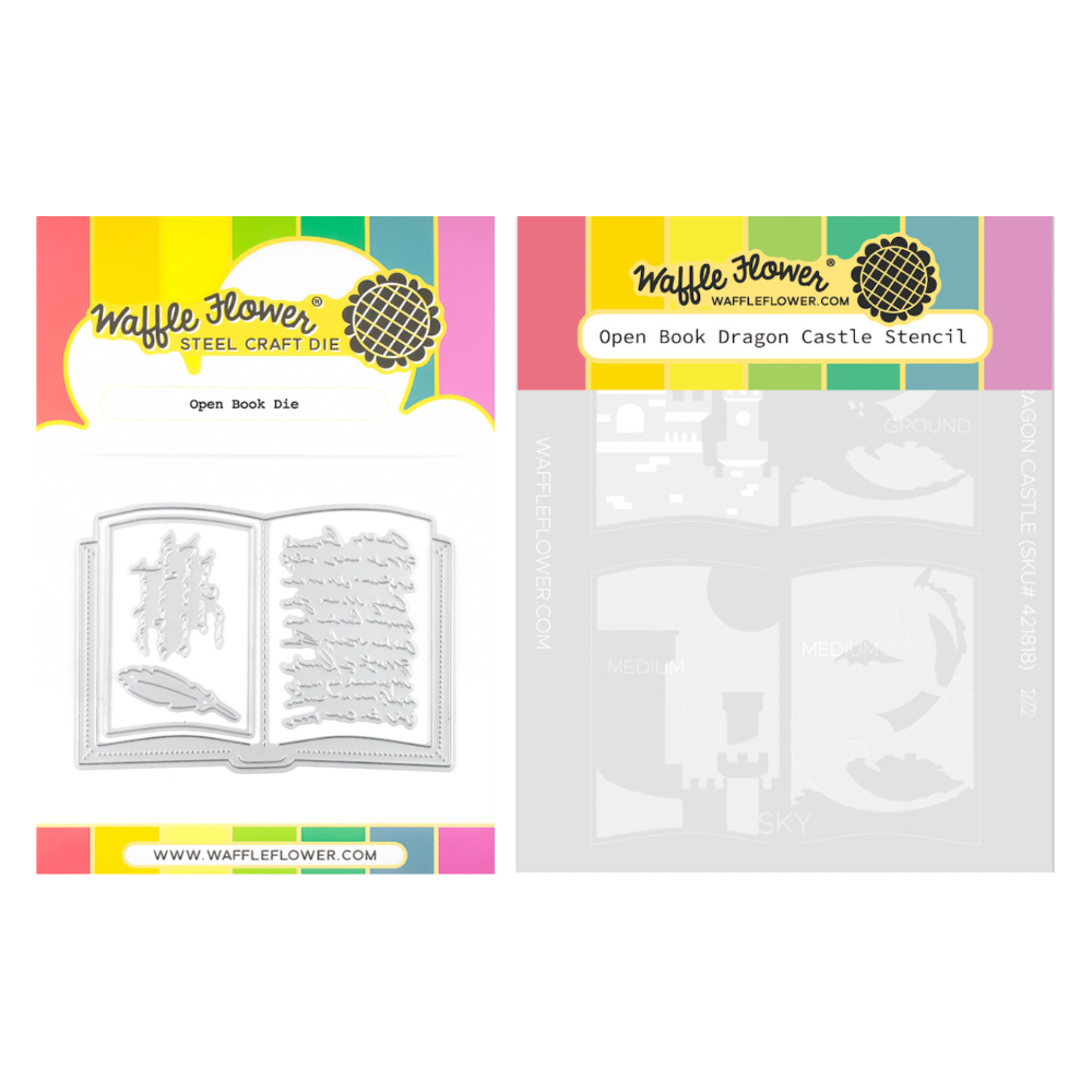 Waffle Flower Open Book Die and Open Book Dragon Castle Stencil Set