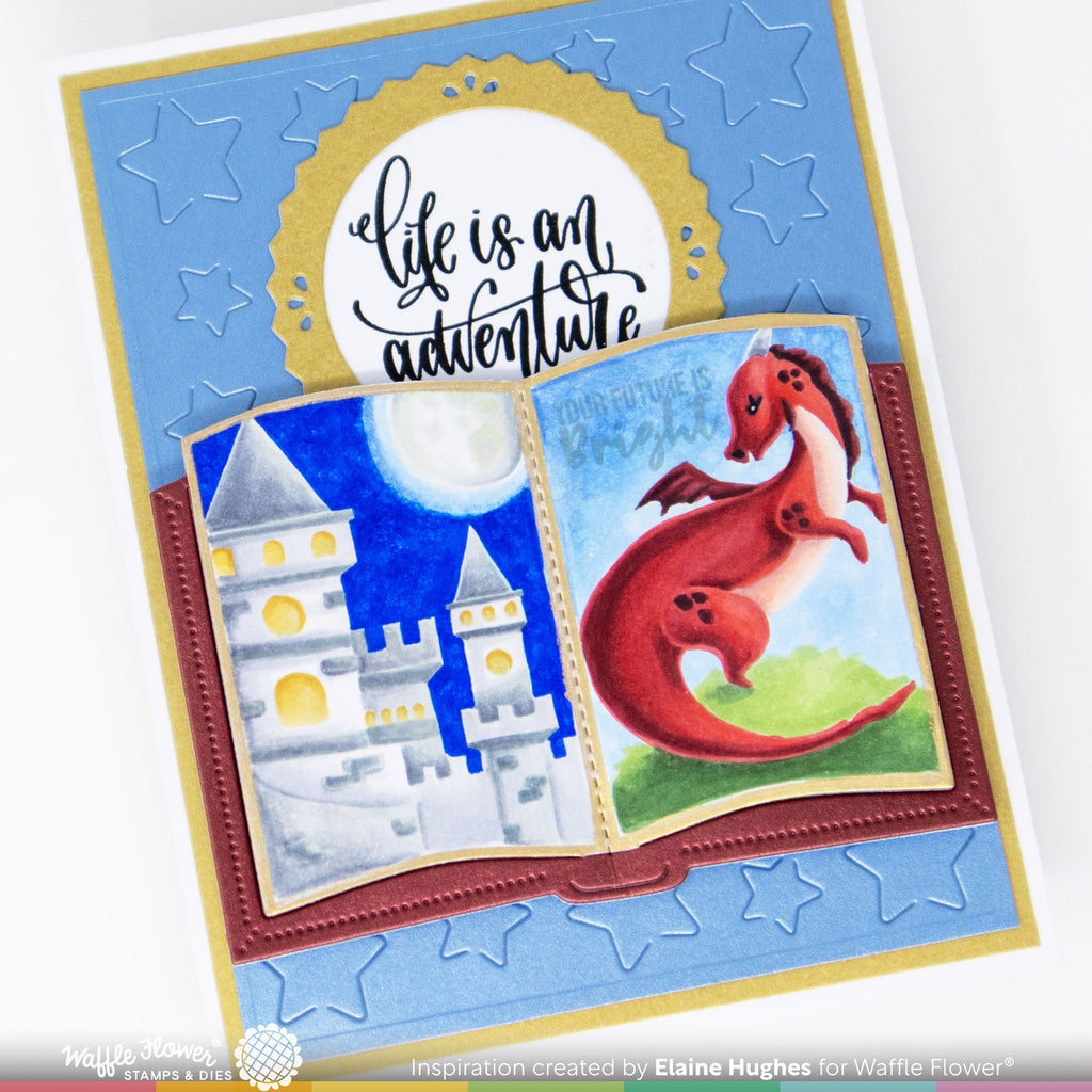 Waffle Flower Open Book Die and Open Book Dragon Castle Stencil Set castle