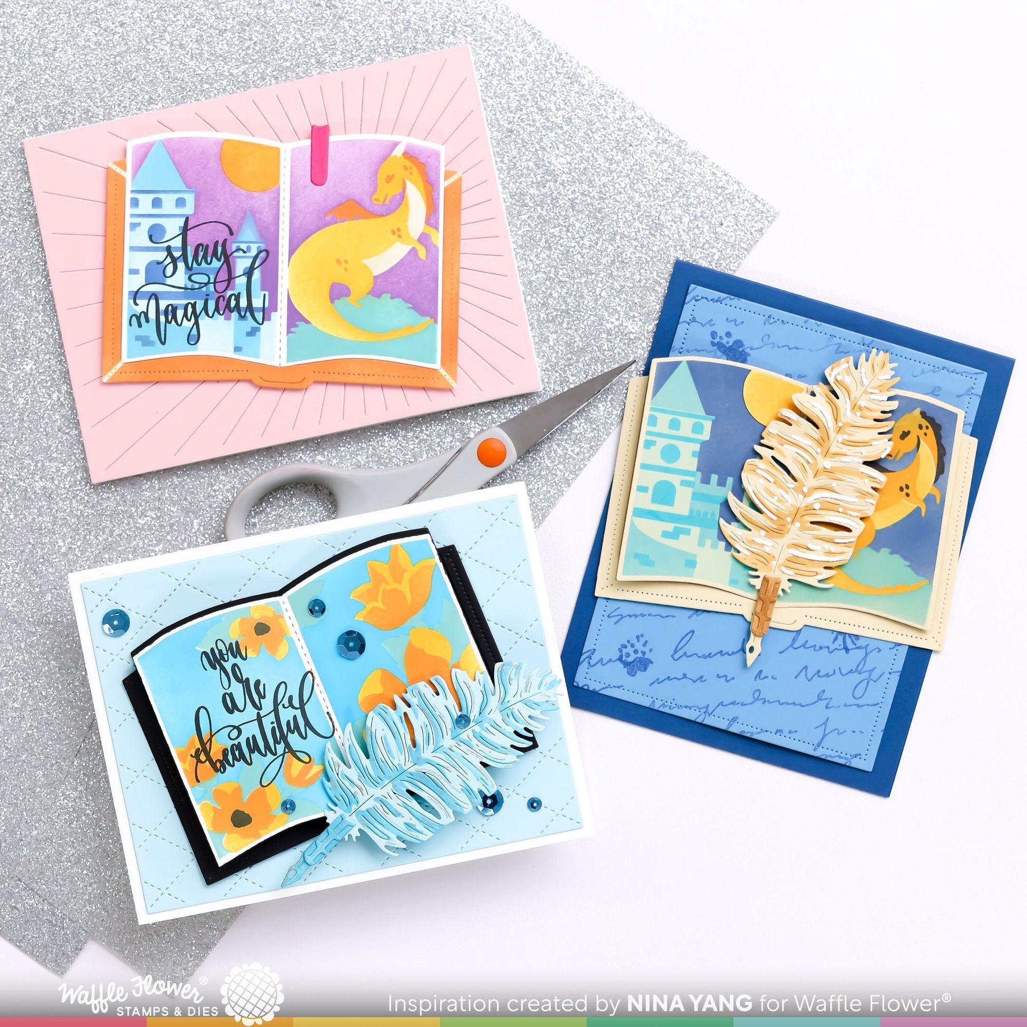 Waffle Flower Open Book Die and Open Book Dragon Castle Stencil Set dragon