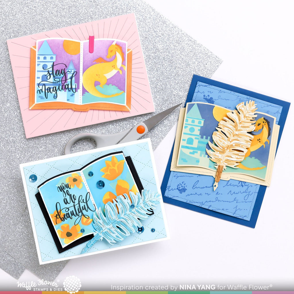 Waffle Flower Open Book Die and Open Book Dragon Castle Stencil Set dragon