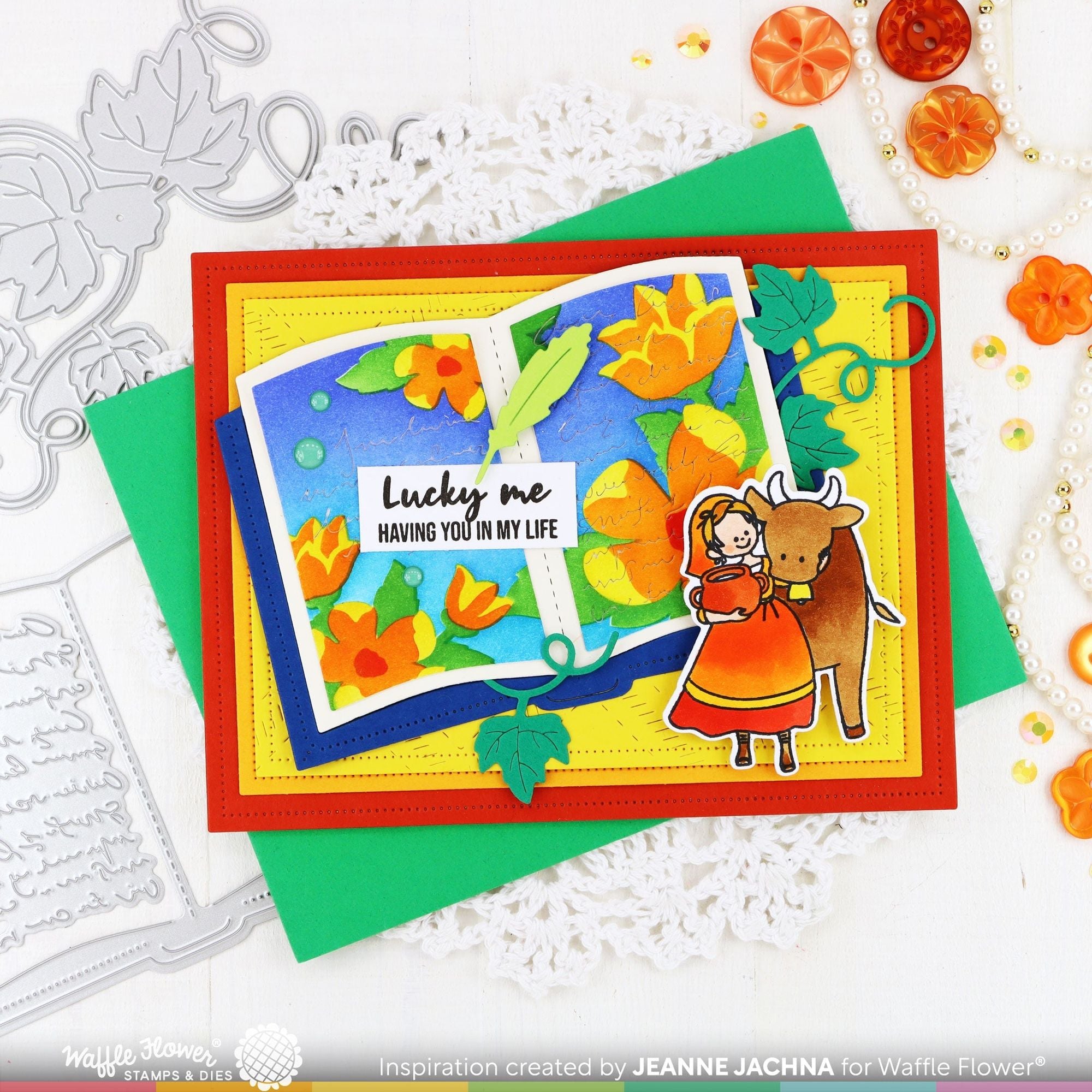 Waffle Flower Open Book Die and Open Book Floral Stencil Set lucky me