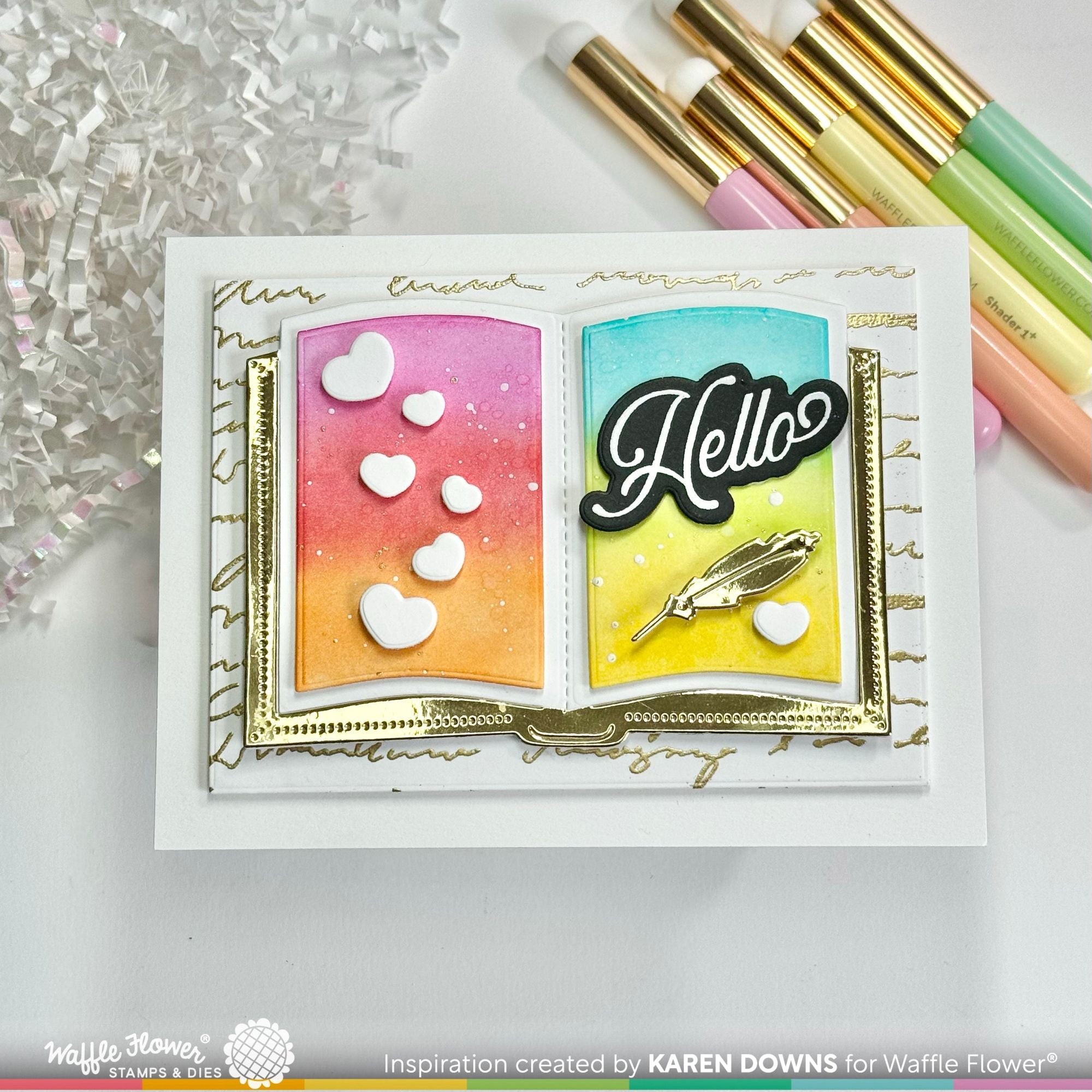 Waffle Flower Open Book Die and Open Book Stencil Set hello