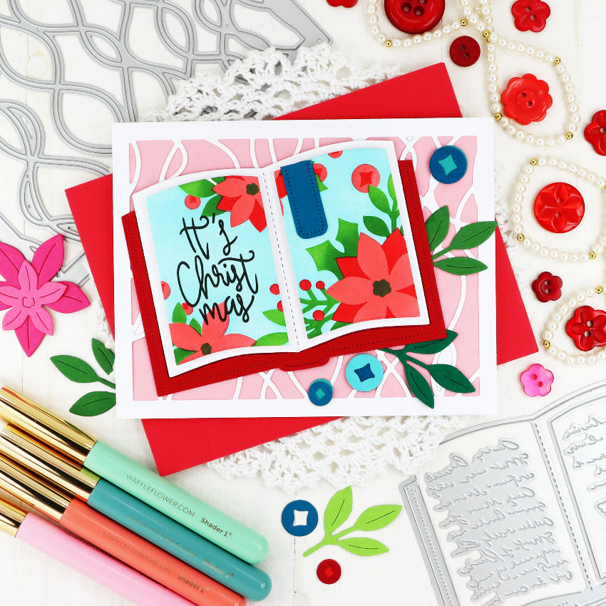 Waffle Flower Open Book Poinsettia Stencil and Die Set christmas