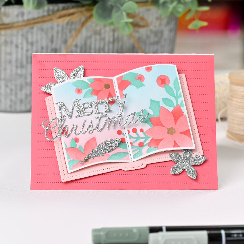 Waffle Flower Open Book Poinsettia Stencil and Die Set silver
