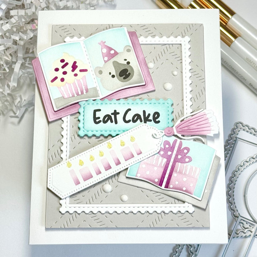 Waffle Flower Open Book Trio Die and Birthday Stencil Set cake