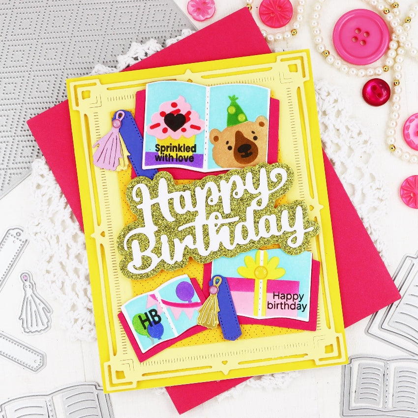 Waffle Flower Open Book Trio Die and Birthday Stencil Set happy birthday