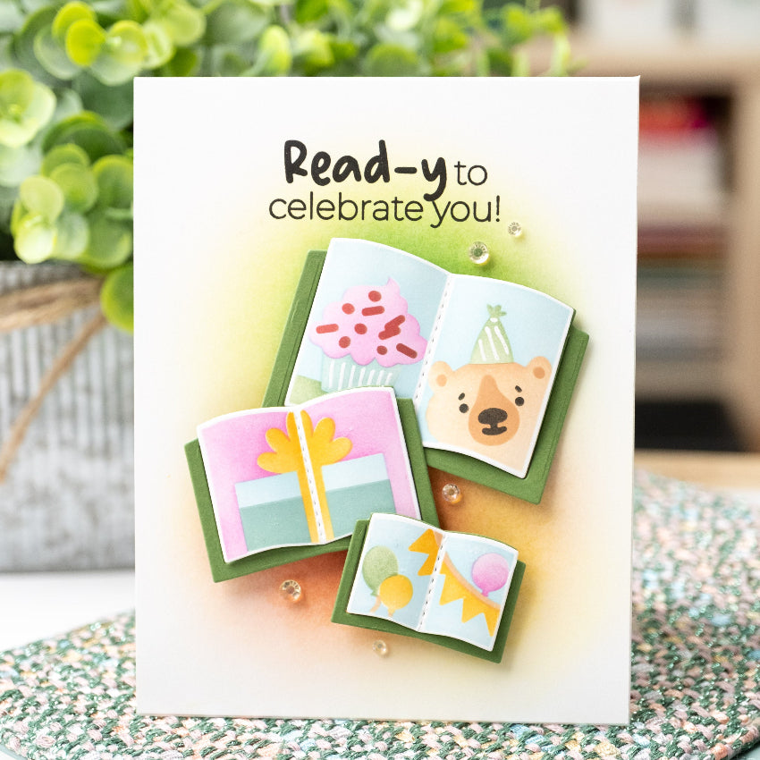Waffle Flower Open Book Trio Die and Coloring Stencil Set celebrate