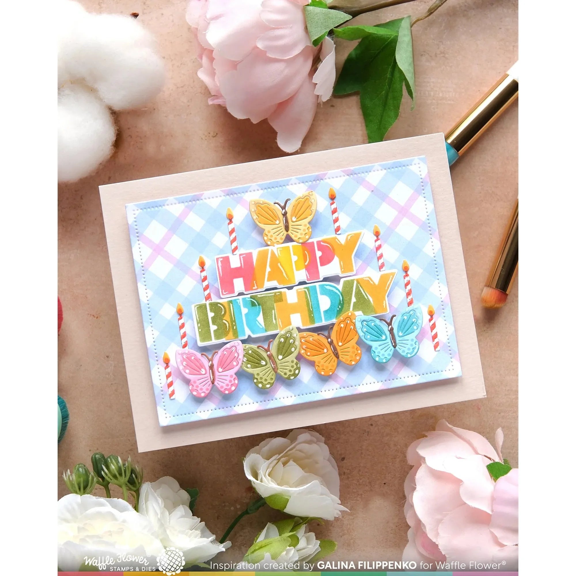 Waffle Flower Overlapping Happy Birthday Die n stencil Set 421959 butterflies