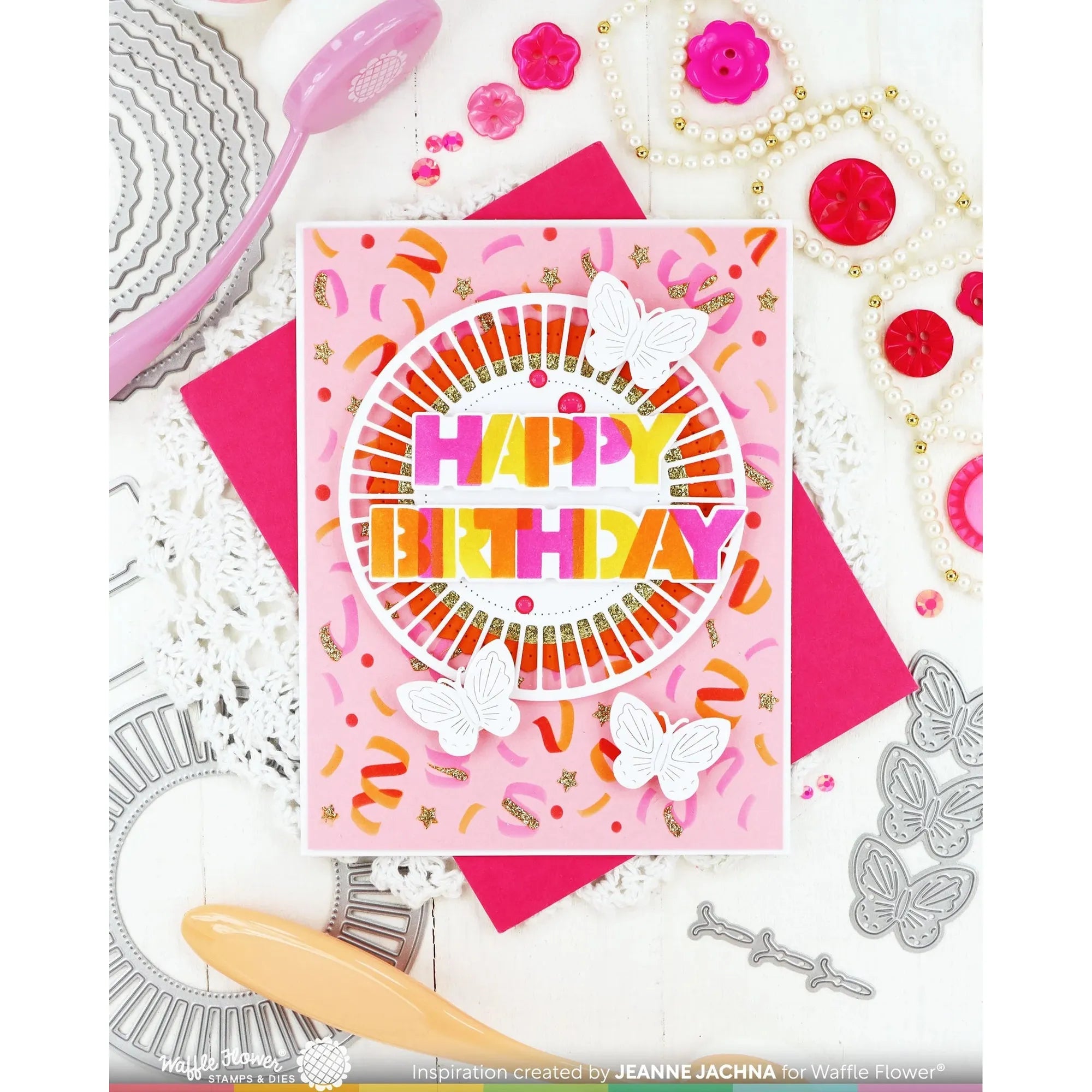 Waffle Flower Overlapping Happy Birthday Die n stencil Set 421959 confetti