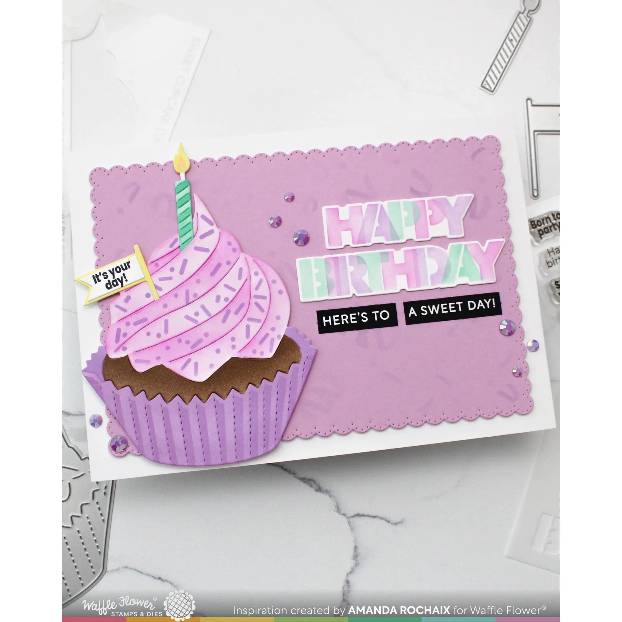 Waffle Flower Overlapping Happy Birthday Die n stencil Set 421959 cupcake