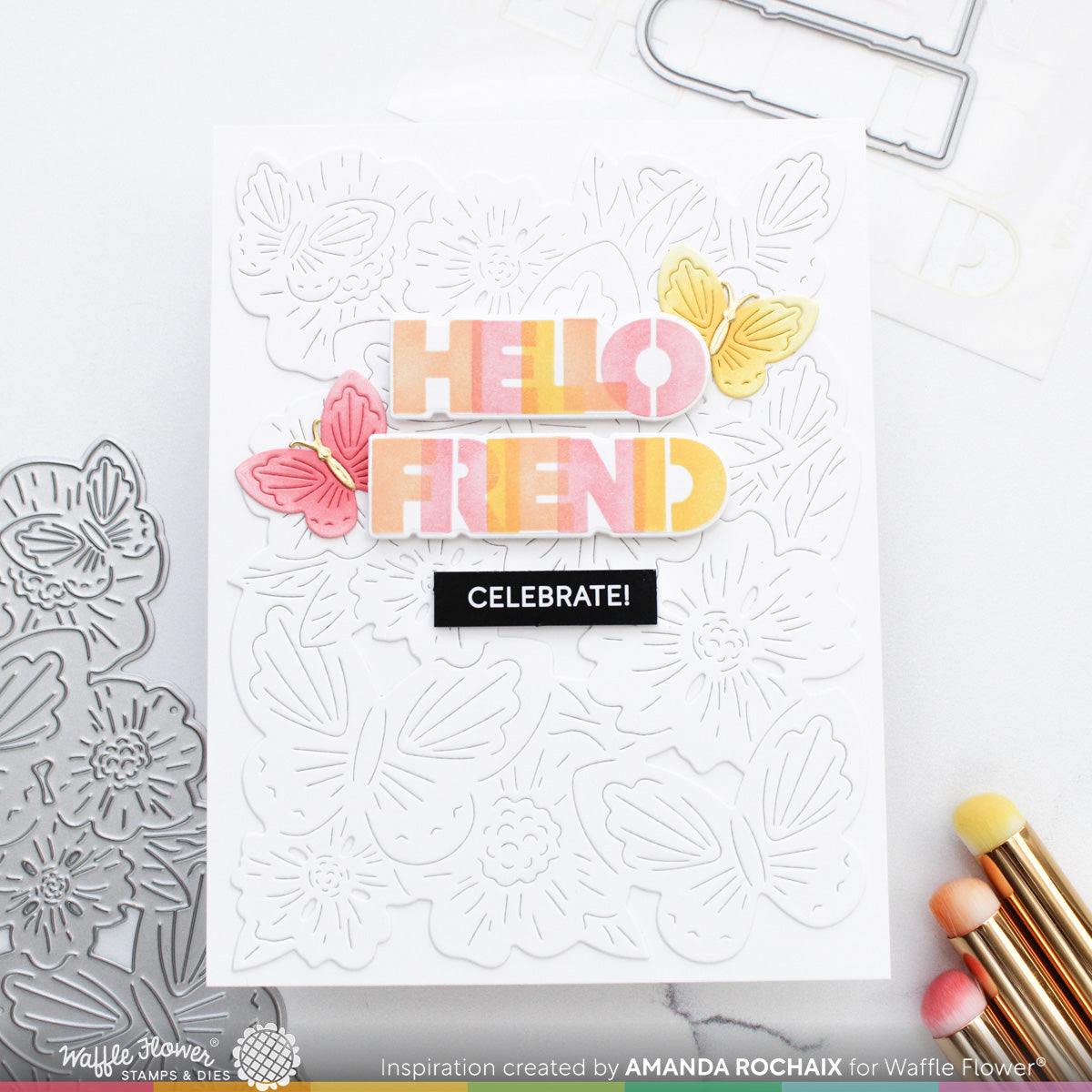 Waffle Flower Overlapping Hello Friend Die n stencil 421957 celebrate