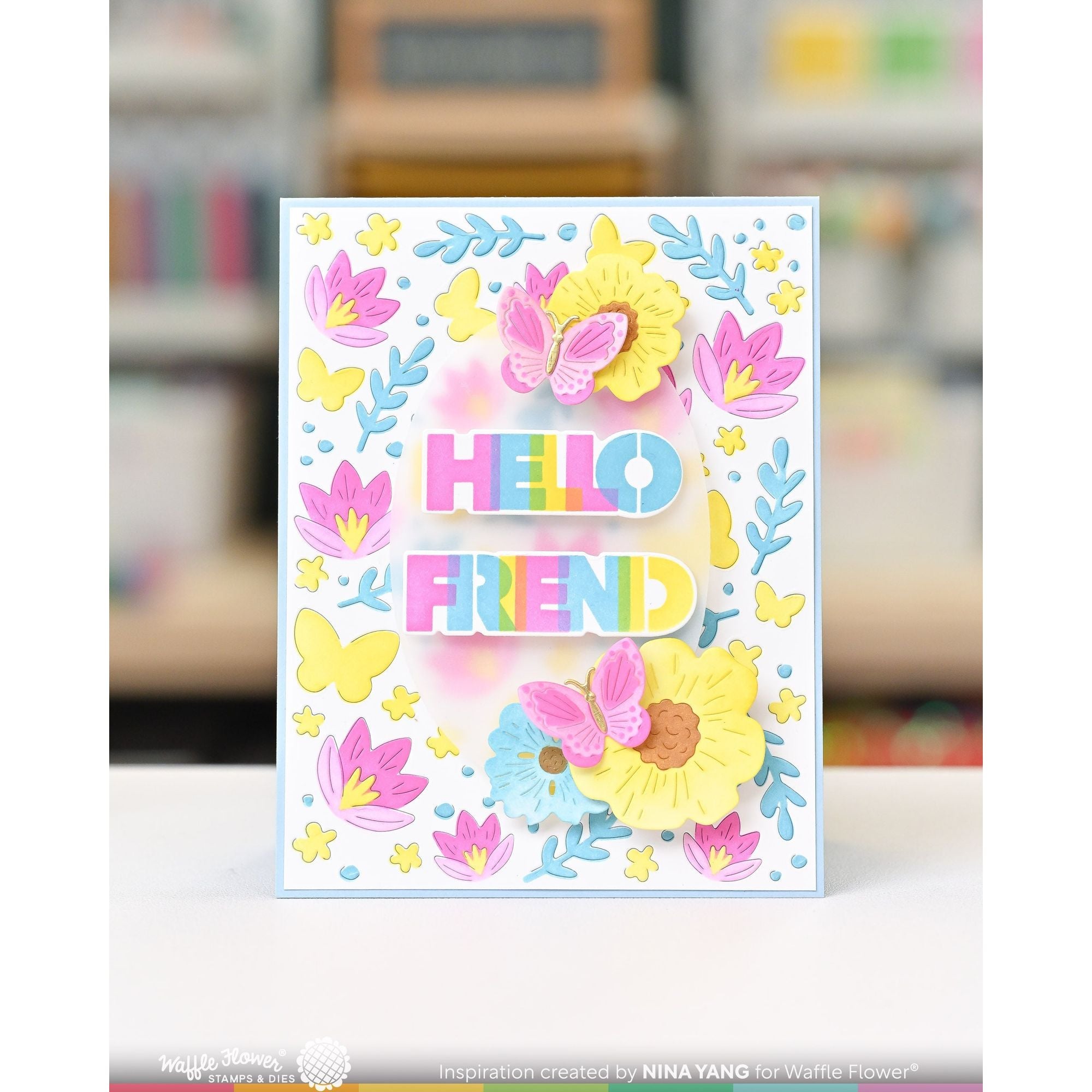 Waffle Flower Overlapping Hello Friend Die n stencil 421957 pastels