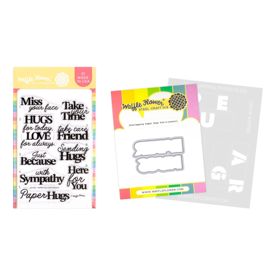 Waffle Flower Paper Hug Sentiments Clear Stamp and Overlapping Die n stencil Set