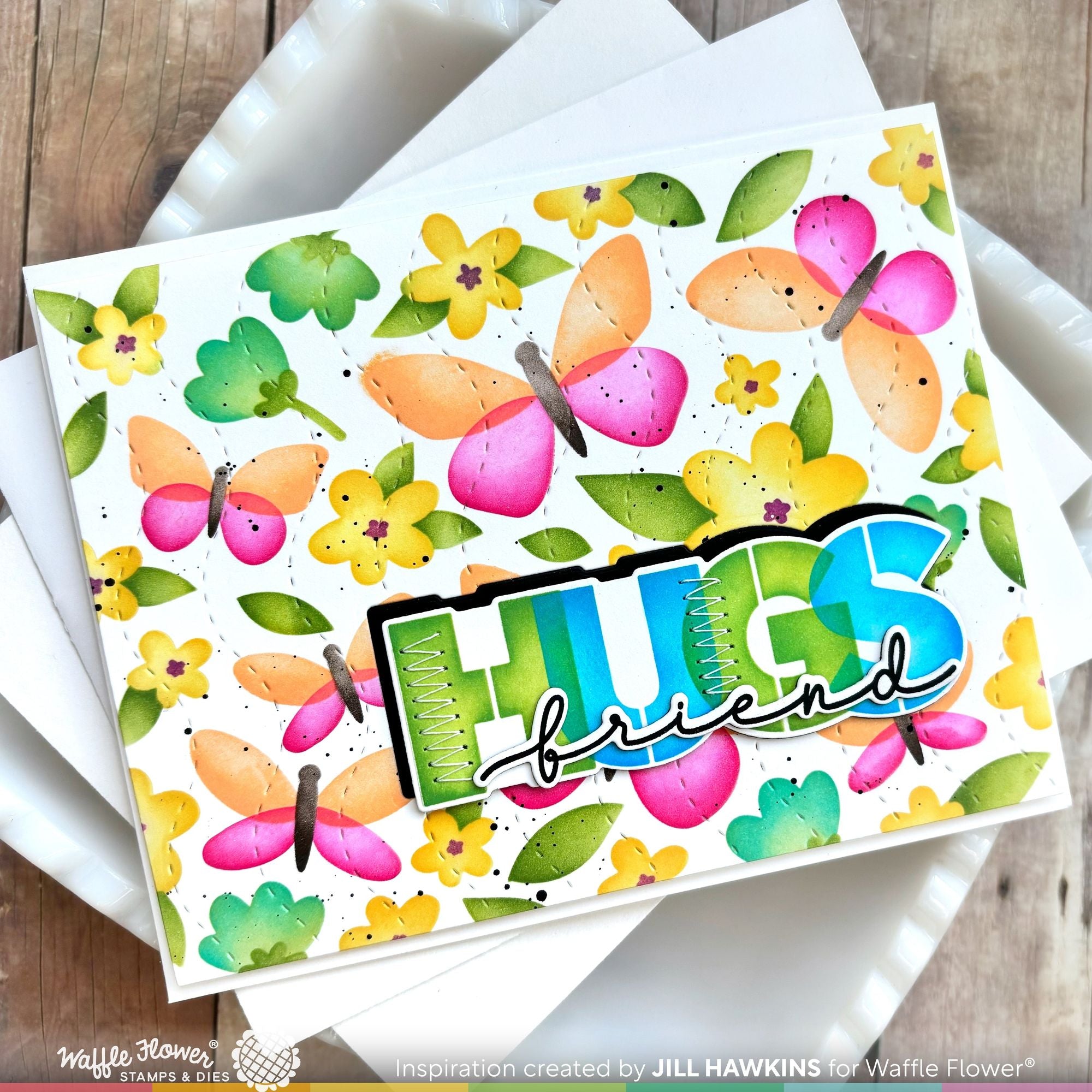 Waffle Flower Paper Hug Sentiments Clear Stamp and Overlapping Die n stencil Set butterflies