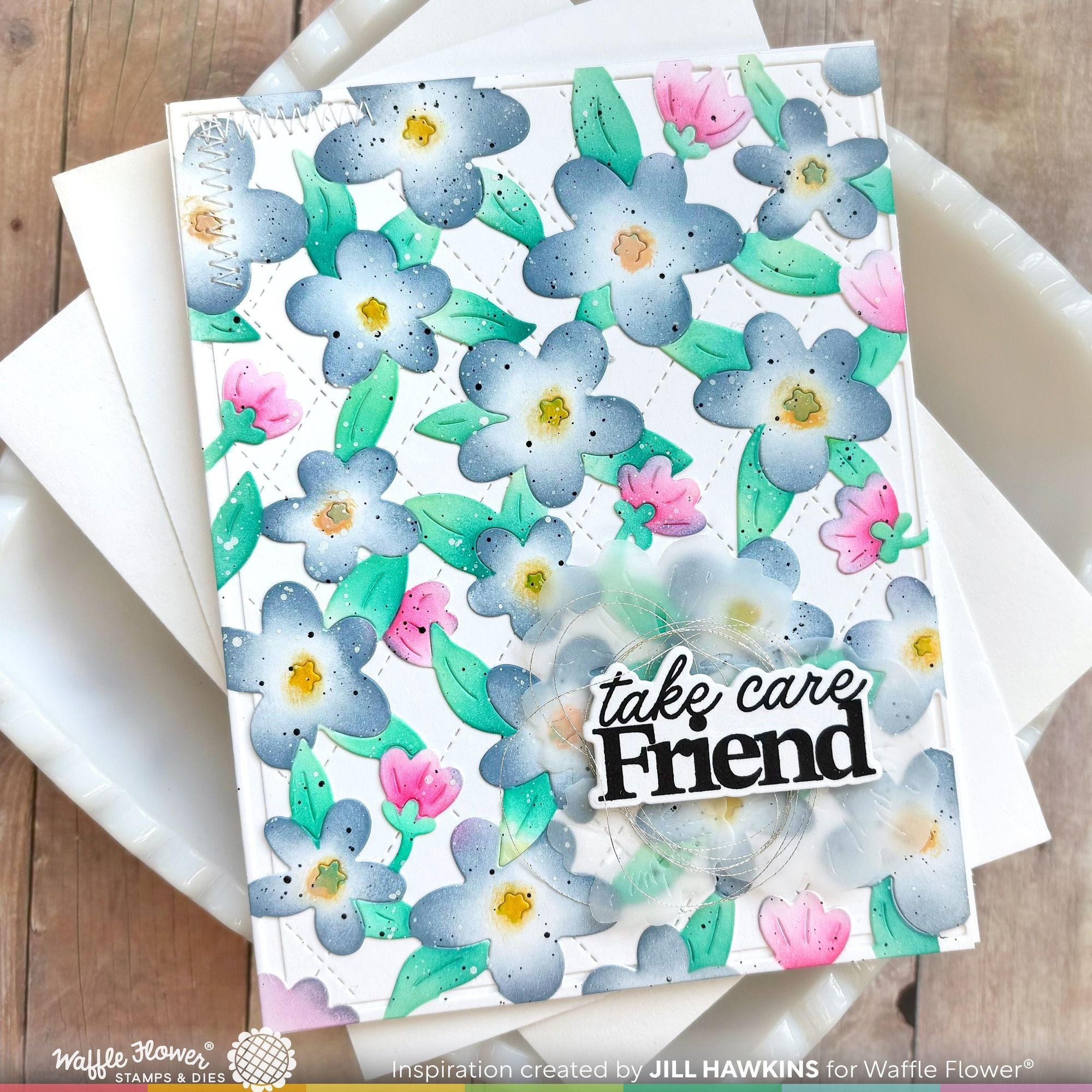 Waffle Flower Paper Hug Sentiments Clear Stamp and Overlapping Die n stencil Set flowers
