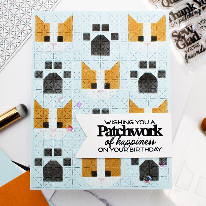 Waffle Flower Patchwork Cat Stencil and Tiny Square Texture Die Set birthday
