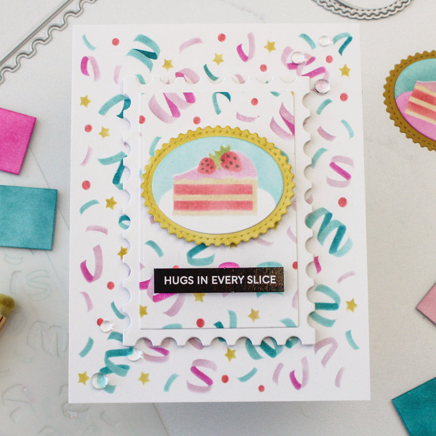 Waffle Flower Postage Cake Slice Die-n-stencil 422429 confetti