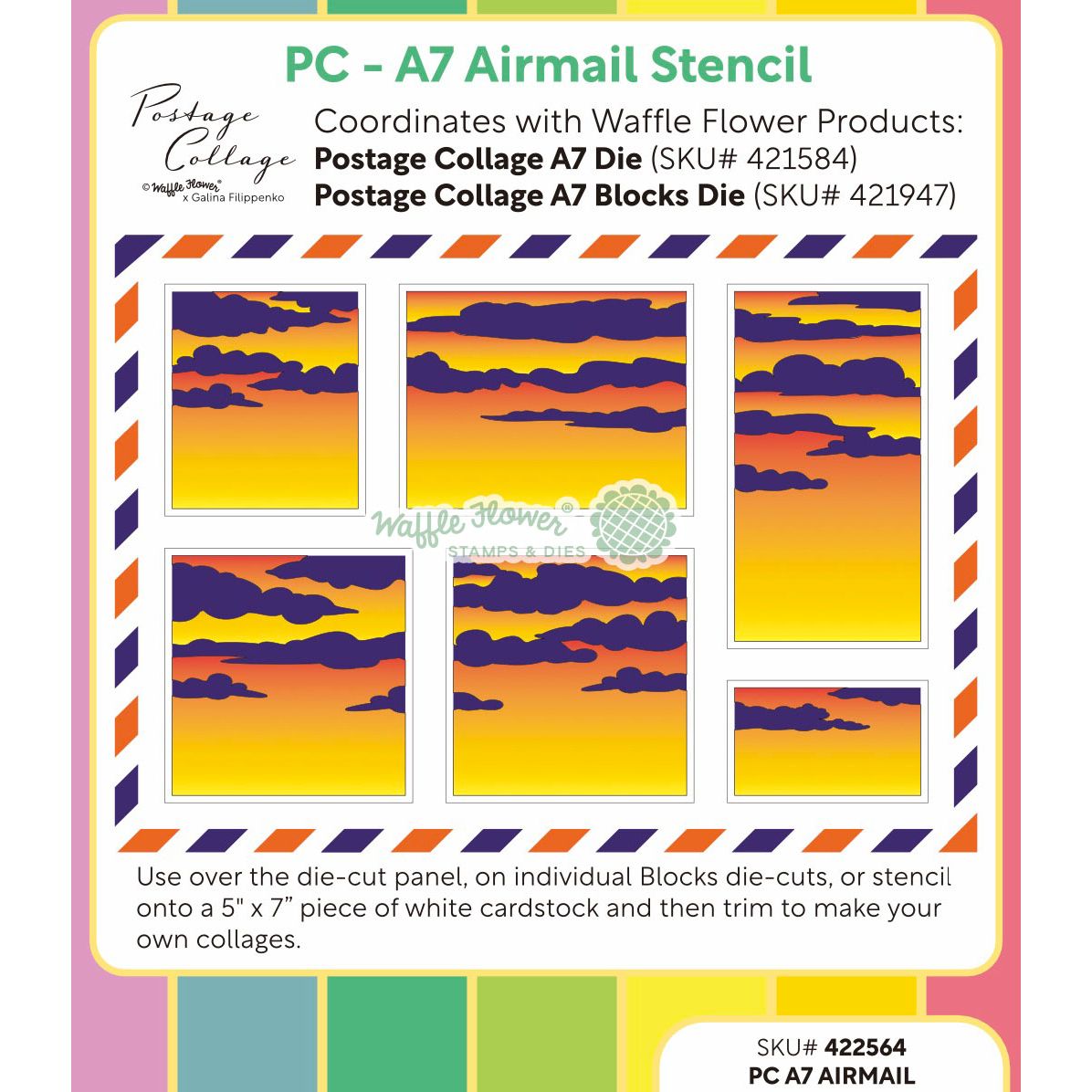 Waffle Flower Postage Collage A7 Airmail Stencils 422564 layering guide