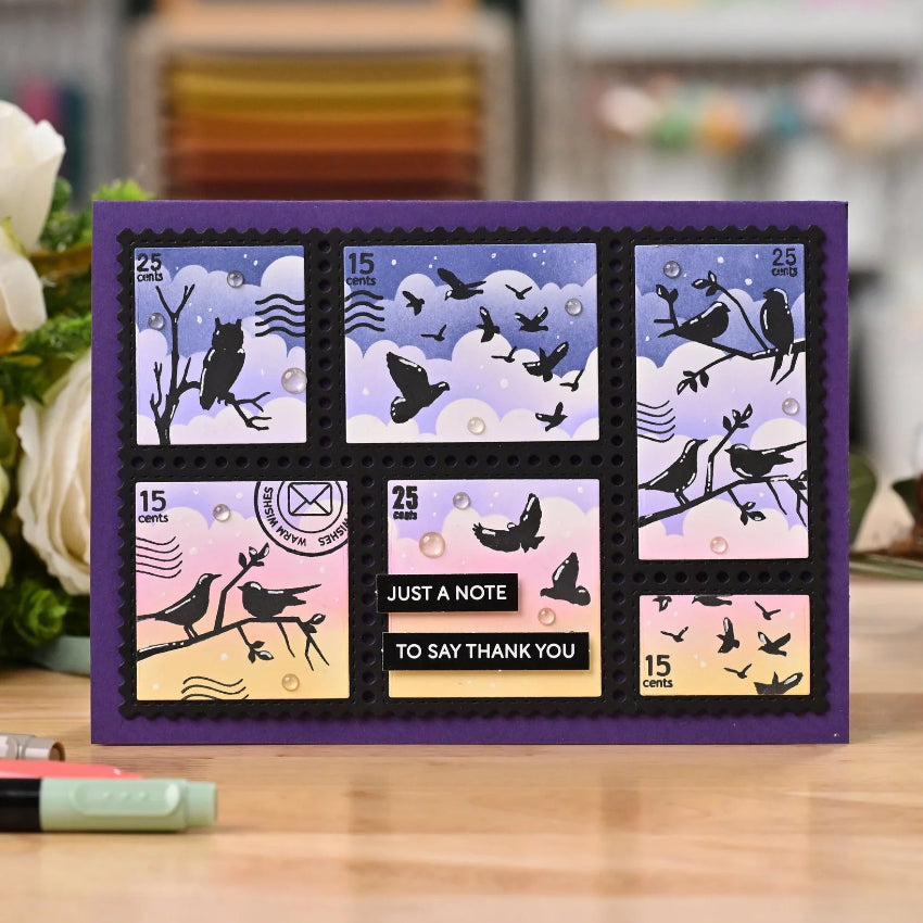Waffle Flower Postage Collage A7 Die and A7 Blocks Die Set birds