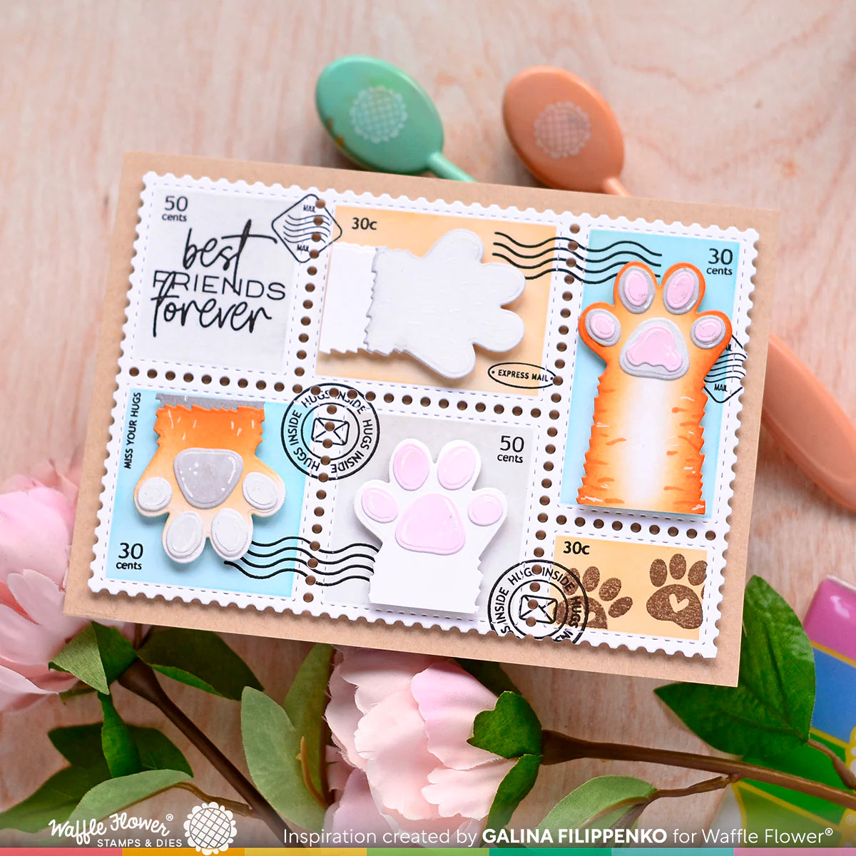 Waffle Flower Postage Collage A7 Dies 421584 cat paws