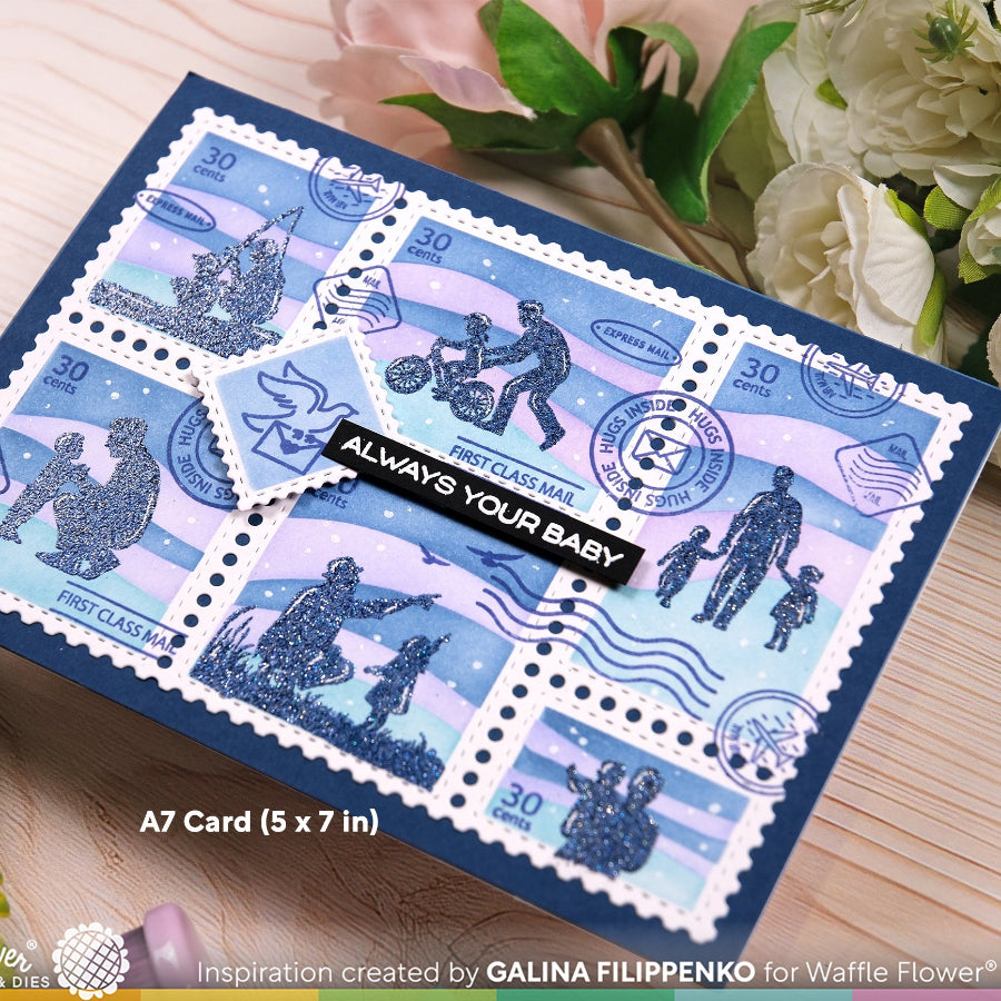 Waffle Flower Postage Collage A7 Wavy Lines Stencils 422408 glitter