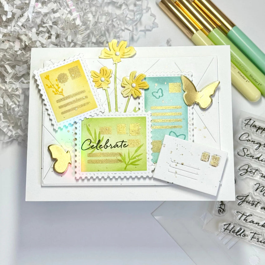 Waffle Flower Postage Collage Addressed Envelope Stencils 422000 gold