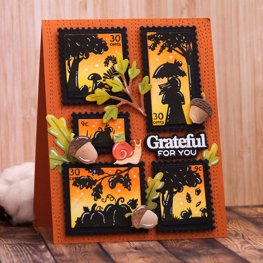 Waffle Flower Postage Collage Autumn Sunset Clear Stamp and Postage Collage Die Set grateful
