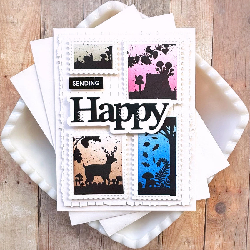 Waffle Flower Postage Collage Autumn Sunset Clear Stamp and Postage Collage Die Set happy